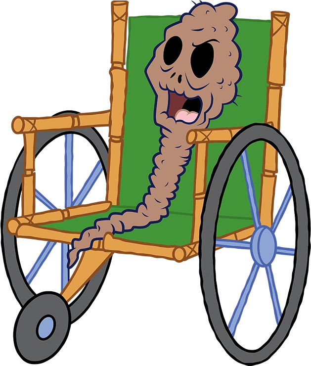 A dried out fish in a wheelchair from the show SpongeBob.
